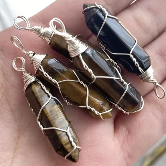 Tiger Eye Natural Gemstone Hexagonal Point Wire Wrapped Pendant Necklace - Picture 2 of 3